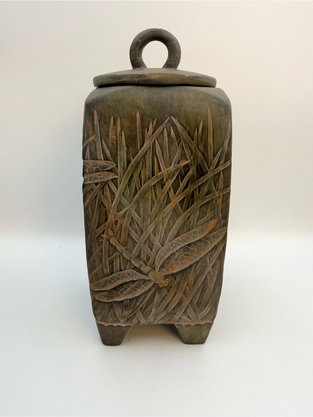 Vintage Stoneware Canister With Dragonfly Design 9.5” Tall